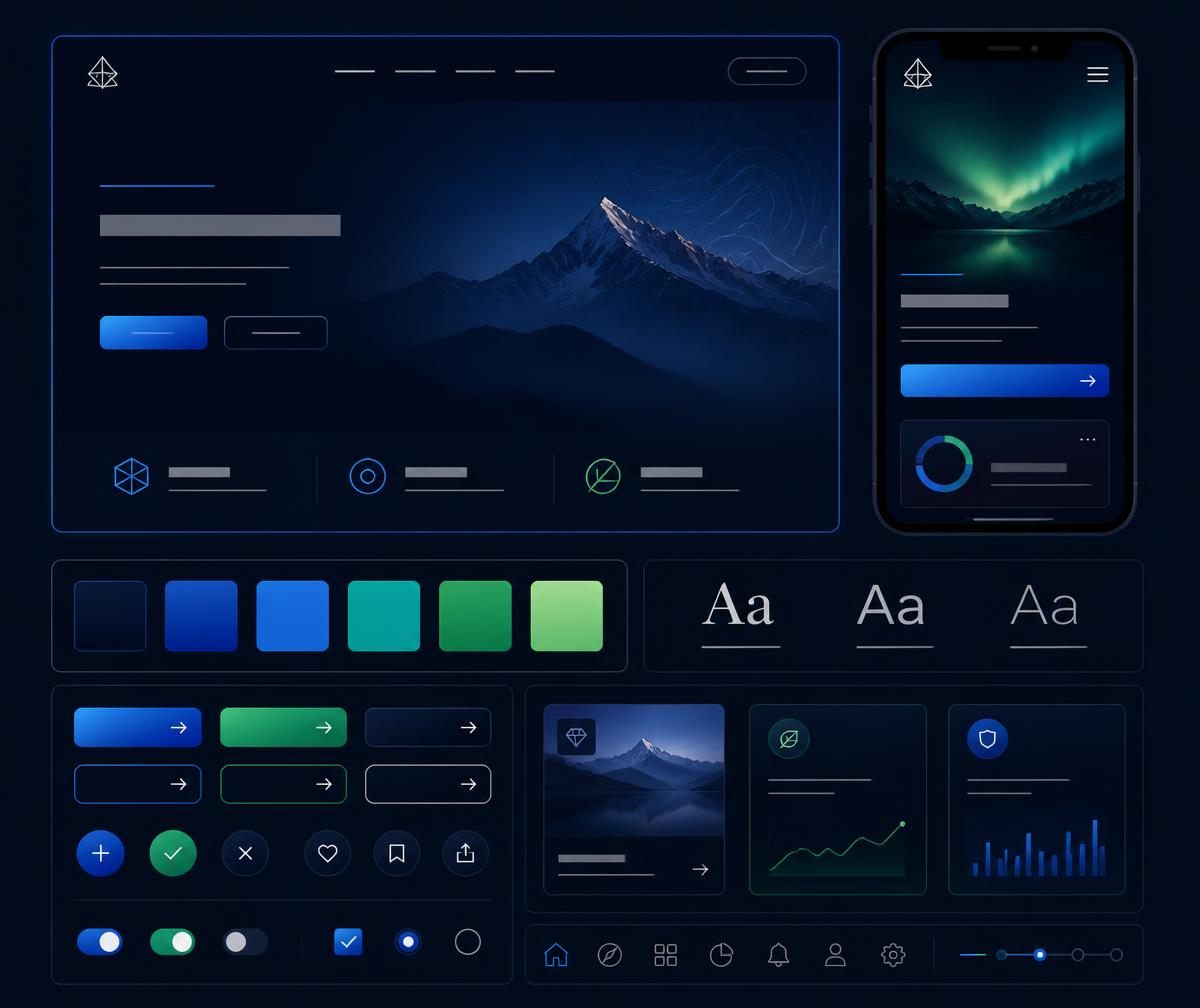 Prancha visual conceitual com layout desktop, mobile, paleta de cores, tipografia e componentes